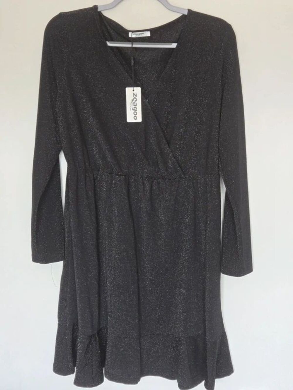 Zeagoo Black Sparkle Long Sleeve V Neck Mini Shimmer Dress Xl